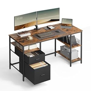 VASAGLE Computer Desk, Office Desk, Writing Desk with 3 Shelves, 2 Drawers, 60 x 140 x 76 cm, for Home Office, Living Room, Industrial Style, Rustic Brown and Ink Black LWD104B01