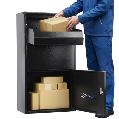 Image of Wall Mounted Parcel Drop Box, Lockable Delivery Boxes for Parcels, Medium Outdoor Post Boxes, Secure Large Delivery Packets Storage, Anti-Theft Weatherproof Mailbox (Black-75cm-Key)
