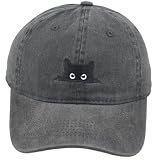 Peeking Black Cat Embroidered Washed Baseball Cap, Adjustable Vintage Dad Hat for Cat Lovers Unisex (Black)