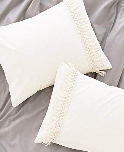 Flber White Pillowcases Tassel Sham Cotton Pillow Covers,Set Of 2 (18.9In X29.1In) #TOP3