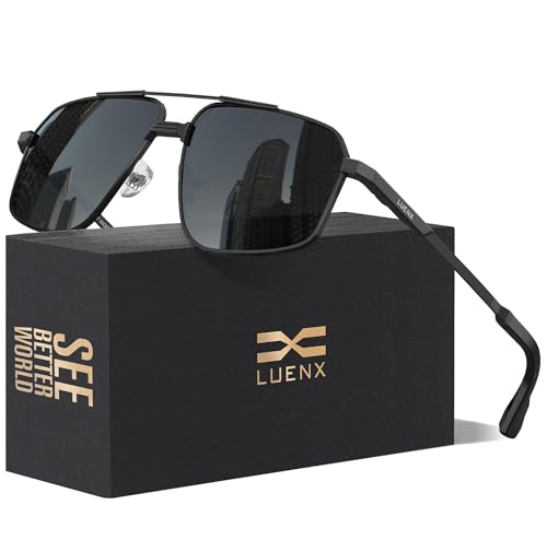 LUENX Aviator Sunglasses for Men Square Polarized Polygon Sun Glasses UV400 Protection 60mm,Black Lens Black Frame