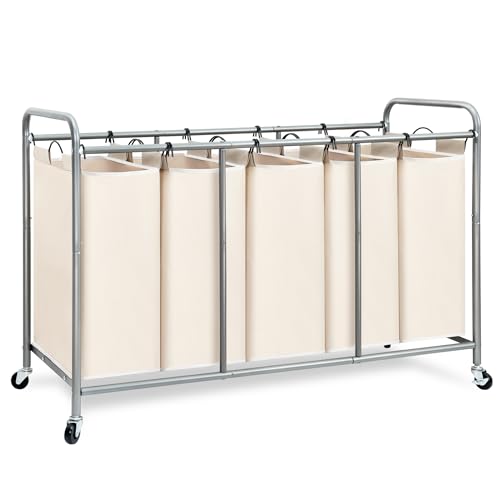 Image of STORAGE MANIAC 5 Section Laundry Sorter, 5 Bins Rolling Separator Laundry Basket, Dirty Clothes Hamper Divider with Heavy Duty Lockable Wheels, Large Clothes Organizer Cart, Beige