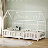ML-Design Kinderbett Hausbett 90x200 cm mit Rausfallschutz, Dach & Lattenrost, Weiß, Bettgestell aus massivem Kiefernholz, Montessori Bodenbett, Holzbett für Mädchen & Jungen, Jugendbett, Einzelbett