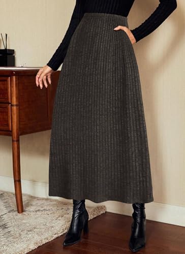 Herou Women Maxi Skirts Ribbed Solid Sweater Winter Skirt Elastic Waist Elegant Warm Long Skirts with Pocket for Women Fall2