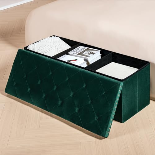 PINPLUS Storage Ottoman Bench for Bedroom, Green Ottoman Folding Velvet Toy Chest with Benches Foot Rest Stool, Large Long Foldable Chest for Entryway Living Room, 41.3\"x15.7\"x15.7\" - Thumbnail 5