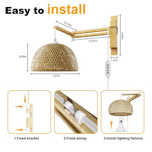 Hanging Grow Lights for Indoor Plants - RDJ Bouns 20W Full Spectrum Rattan Lamp,Boho Bamboo Shade,4000K Wall Mounted Grow Light with 9.8ft Cord, Monstera Grow Light for Indoor Tall Plants & Home Decor by RDJ Bouns - Image 6
