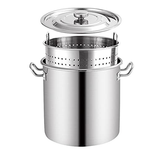 Olla grande de 70 L, utensilios de cocina de acero inoxidable de grado comercial con tapa y cesta coladora para hervir mariscos y freír profundamente