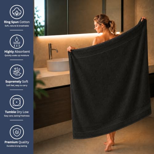Image of Bulk 8-Pack Commercial Jumbo Bath Sheets, 35 inch x 70 inch, 600 GSM, Black | For Vacation Rentals & Luxury Suites - 100% Ring-Spun Cotton with Plush Comfort & High Absorbency