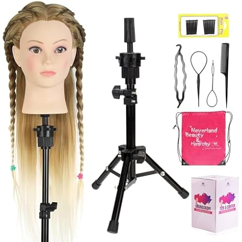 Neverland Beauty Mannequin Head with Hair and Wig Stand Tripod Set, 26 Inch Ombre Golden Mannequin Head with Stand Hair Braiding Cosmetology Manikin Head with Tripod For Braiding Styling Cover