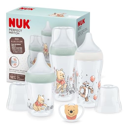 NUK Confezione biberon Perfect Match | 0-6+ mesi | Si adatta al palato del bambino | 3 biberon anti-colica e ciuccio Space Soother | Senza BPA | Disney Winnie the Pooh | 4 pezzi
