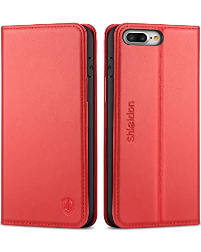 SHIELDON Case for iPhone 8 Plus, for iPhone 7 Plus, Genuine Leather Wallet Flip Book Cover Design with Kickstand Card Slot Magnetic Closure Shockproof Case Compatible with iPhone 8 Plus - Red