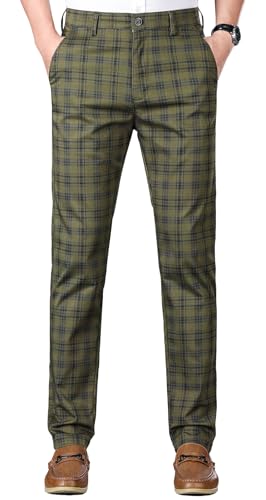Image of Yukirtiq Men's Tweed Check Stretch Trousers Chino Plaid Pants Slim Fit Classic Check Golf Retro Pants Vintage Style Bottom, Green, W32