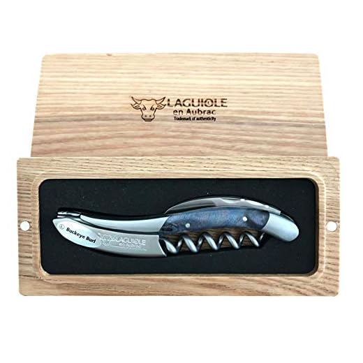 Laguiole En Aubrac Brushed Sommelier Waiter's Corkscrew, Buckeye Burl Blue Handle, Wine Opener With Foil Cutter & Bottle Opener
