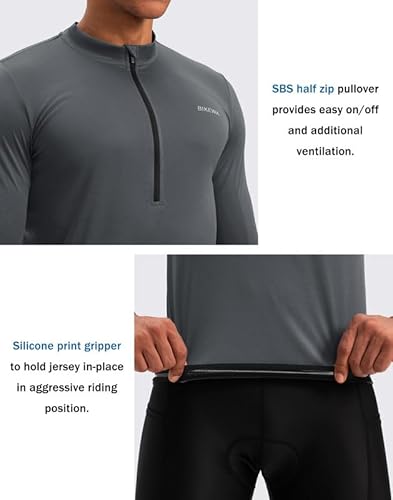 Men's Cycling Jersey Moisture Wicking Long Sleeve UPF Half Zip Riding Bike UPF SPF UV Biking Bicycle Mountain Road Biker Cycle Sun Protection Shirts for Men Zipper Pockets(Dark Grey,L)