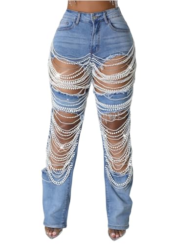 Womens Sexy Ripped Jeans High Waisted Rhinestones Pearl Chains Distressed Baggy Jeans Party Clubwear Denim Pants