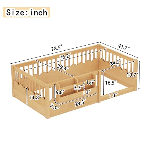 Image of Bellemave Twin Size Kids Montessori Floor Bed,Solid Wood Floor Bed Frame with Bookshelf and High Fence for Kids,Girls,Boys,Natural
