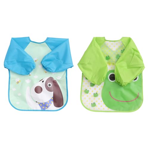 LOORGVEL Delantales de Comedor Impermeables para Bebés 2 Piezas con Estampados de Rana y Perro Capa Infantil Resistente al Agua para Menores de 4 Años Adecuado Hora Comida