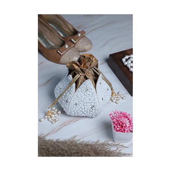 SWISNI Women's Pearl White Lotus Potli Bag | Raw Silk | Best for gifting on and Christmas | Bridal Ethnic Potli Bag for party wedding special occasions 55 Inch - Image 3