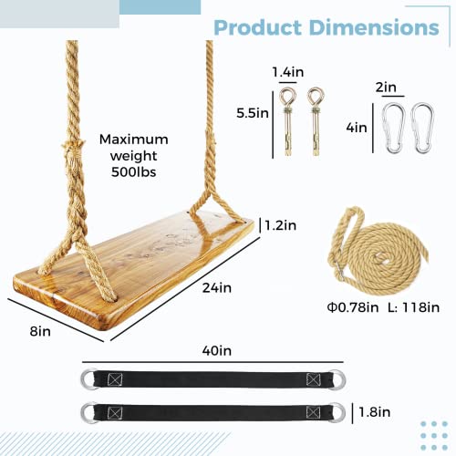 Wooden Tree Swing,Wooden Swing for Adults/Kids with 500lbs Load Capacity,Adjustable Hemp Rope Plus Tree Straps 100 inch, Hanging Wooden Swing for Indoor, Outdoor, Garden,Yard,Backyard (Adult)