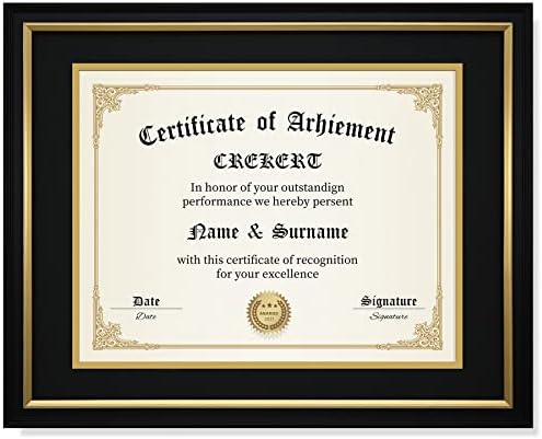 CREKERT Diploma Frame 11x14 Picture Frame Solid Wood Shatter-Resistant Glass for Documents Certificate Blackgold Frame 8.5x11 with Mat (Black Mat, 1 Pack)