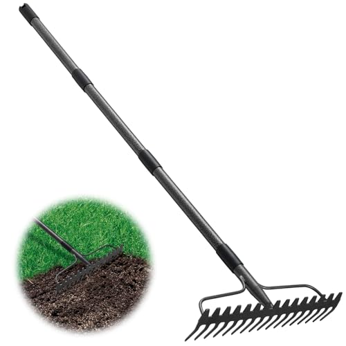 Rake, 63 Inch Garden Bow Rake with 17 Tines, Heavy Duty Raking Tool for Gardening Landscaping Loosening Soil Leveling Mulching Gravel Gathering Leaf Thatch Lawn Care