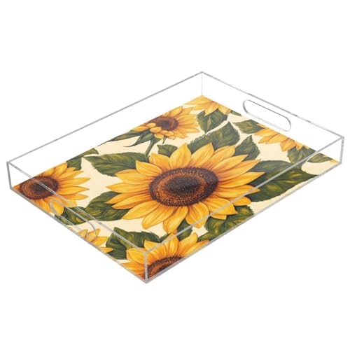 Nesatuwa Sunflowers Pattern Acrylic Serving Tray with Handles,Clear Serving Tray Decorative Tray Organiser for Ottoman, Kitchen, Bedroom Decorative Tray 12x16 Inches