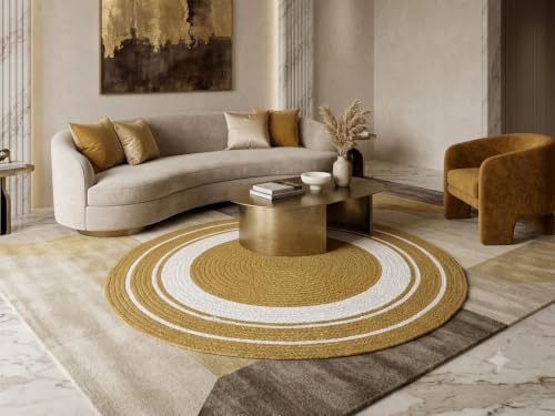 Image of Hand Woven Braided Carpet Rugs Round Traditional Spiral Design Jute Door mat Mat for Bedroom Living Room Dining Room Yoga (2x2 Feet Beige and White)