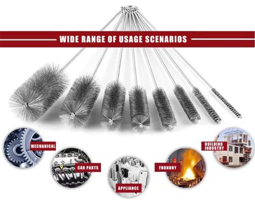 16 Inch Extra Long Pipe Cleaning Brush Set Stainless Steel Bristles, Stainless Steel Pipe Brush Steel Bottle Brush 8 Piece Variety Pack for Auto Parts, Bottles, Guns, Tubes, Etc.