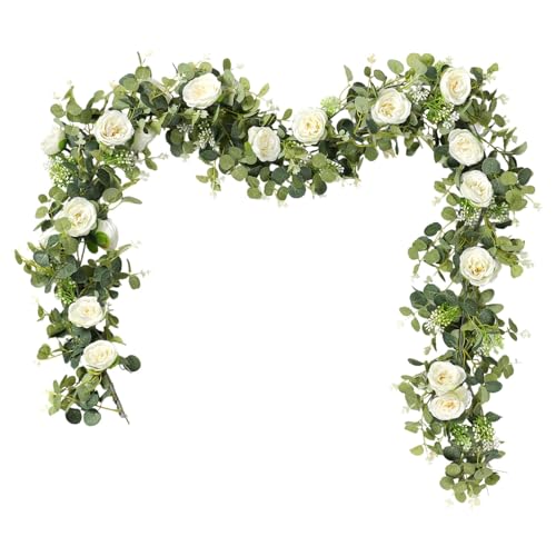 SOMYTING 2pcs Artificial White Rose Garlands 6.56Ft Artificial Flower Vines Wedding Arch Flowers Eucalyptus Leaves Floral Garland Hanging Rose Ivy white garland for Wedding Arch Party Home Decor