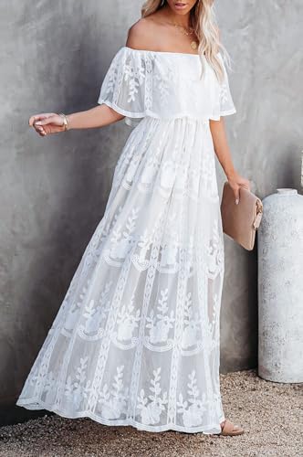 Image of HOYISHION Women's Off The Shoulder Floral Lace Maxi Dress White Bridesmaid Wedding Party Maternity Photoshoot Long Dresses