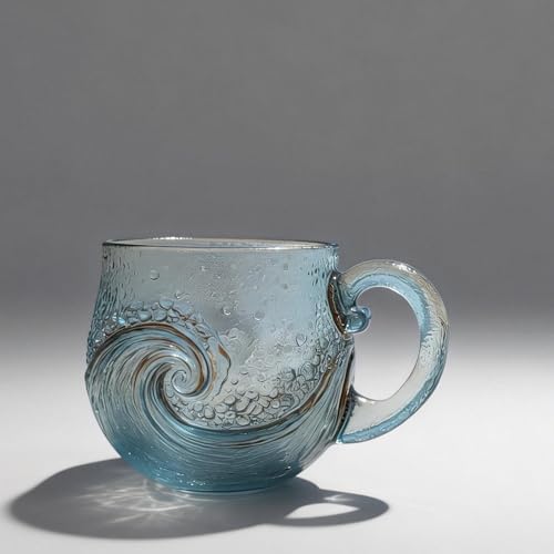 Sea Wave Handblown Glass Mug, 12 Oz Textured Ocean Design Cup for Coffee Wine Ice Drinks, Resin Drinkware Gift