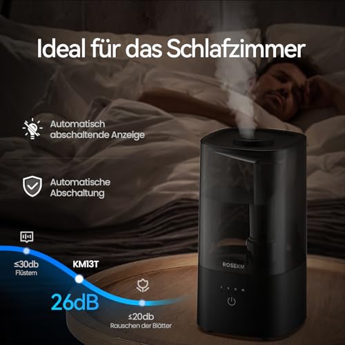 Roeskm Luftbefeuchter für Schlafzimmer, Kühlmist-Luftbefeuchter für zuhause, Pflanzen und Babyzimmer, leiser ultraschallbasiert mit 360°-Düse, automatischer Abschaltung, ohne Filter, schwarz