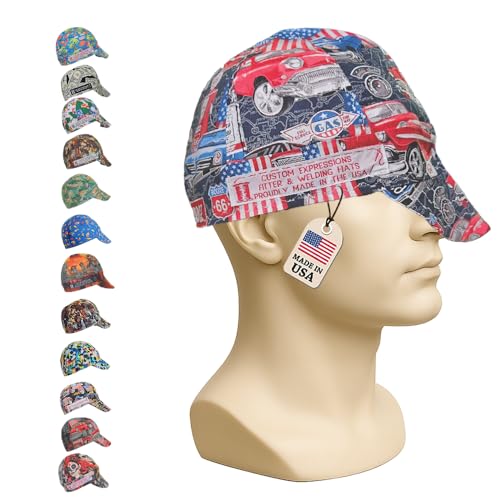 Custom Expressions Welding Caps Welding Helmet Liners Welding Accessories for Men-Women-Flame Resistant-Safety and Protection While Welding-100% Cotton-Handmade-Style Classic Cars (7 1/8)