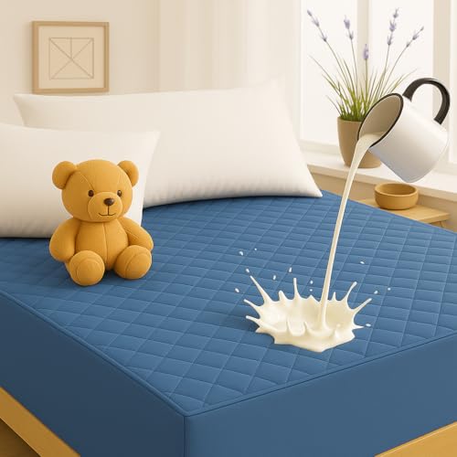 Image of TCD Waterproof Cotton Quilted - Breathable, Hypoallergenic, Noiseless Ultra Soft Fitted Bed Cover with 3 Layers of Protection, 100% Waterproof, No-Slip Design | Blue, Queen (60 * 75)