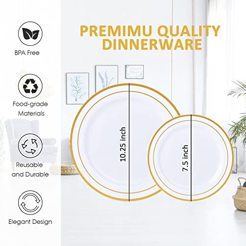 Gold Plastic Plates, Mcirco 100 Pieces Disposable Party Plates For Weddings, Premium Heavy Duty Gold Rim Plates, Include 50 10.25 Inch Dinner Plates And 50 7.5 Inch Dessert Appetizer Plates #TOP1