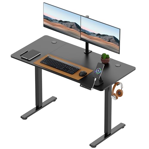 VonHaus Electric Standing Desk, USB-C Charging Height Adjustable Sit Stand Desk with Anti-Collision, Height Preset Technology & Cable Management, Black Four Piece Desktop & Steel Frame, 120x60cm
