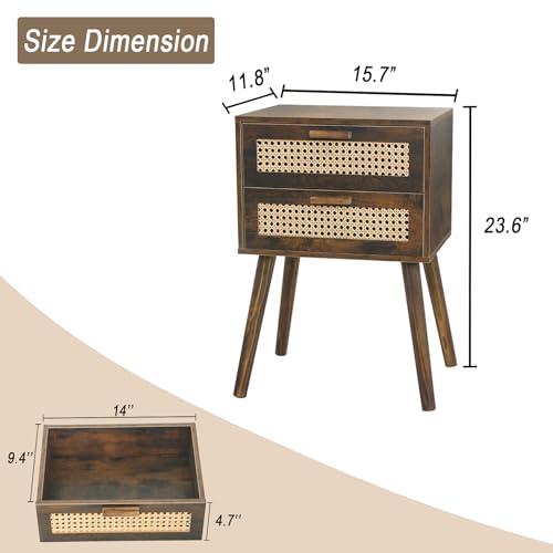AWASEN Mid Century Nightstand, Modern Rattan Bedside Table with 2 Drawers, Wood Accent Side End Table with Storage for Bedroom and Office, Rustic Brown - Thumbnail 2