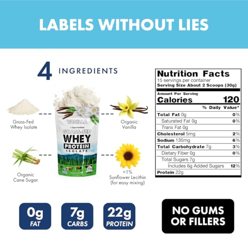 Opportuniteas Grass Fed Vanilla Whey Protein Isolate Powder - 22g Protein Powder Without Artificial Sweeteners, Hormone-Free Cows, Non GMO - 1lb