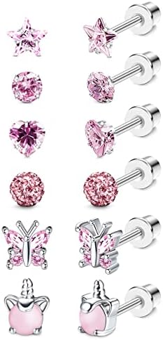 YADOCA 6 Pairs Girls Earrings for Women 316L Stainless Steel Hypoallergenic Screw Back Earrings Cubic Zirconia Earrings Ball Heart CZ Butterfly Stud Earrings Set Tragus Cartilage Jewelry