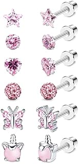 YADOCA 6 Pairs Girls Earrings for Women 316L Stainless Steel Hypoallergenic Screw Back Earrings Cubic Zirconia Earrings Ball Heart CZ Butterfly Stud Earrings Set Tragus Cartilage Jewelry