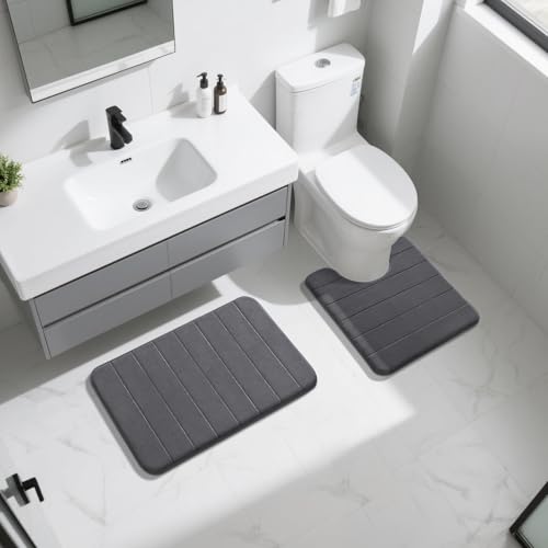 Image of Yimobra Memory Foam Bath Mat Set 2 Piece - Super Soft Absorbent Quick Dry Bathroom Toilet Rugs, Machine Washable Non Slip Floor Carpet for Tub Shower & Single Sink (31.5x20 & 24x20, Dark Gray)
