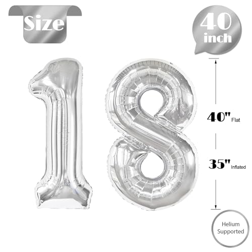 Image of Silver Number 18 Balloon 40 inch, 18 Number Balloons, 18th Silver Birthday Decorations, 18 Year Old Silver Party Supplies