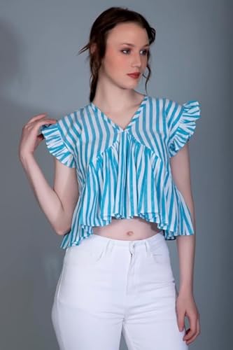 Image of Leriya Fashion Women's Western Regular Fit Crop Tops | Fancy Stripped with Ruffle Sleeves | Button Down Lightweight Cotton for Girls | Suitable for College Office Casual Wear for Ladies