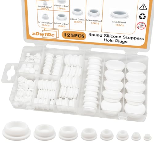 Image of 125PCS 8 Sizes White Rubber Plug Silicone Plugs for Round Holes, 1 inch 3 /4 inch 5 /8 inch 1 /2 inch 3 /8 inch 5 /16 inch 1 /4 inch 1 /5 inch Round Hole Plugs Snap Locking, Used for Furniture DD028-w
