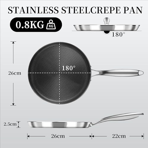 Foto von Innerwell Profi Antihaft Crepe Pfanne 26 cm aus Edelstahl, Induktion Crepes Pfanne, pfannkuchenpfanne mit kratzfeste Wabenversiegelung, Omlettpfanne, Edelstahlgriff, PFOA-frei