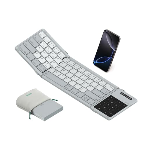 Nillkin Upgraded Foldable Bluetooth Keyboard with Touchpad & Number Pad, Portable Wireless Keyboard for Travel, Pocket-Sized, Full Size Keys, Support 3 Devices for iPad Laptop Tablets Phone, Gray