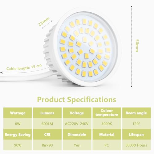 YindaLux Zestaw 10 modułów LED 230 V, ekstra płaskie Ø50 x 23 mm, 6 W 600LM IP44, kąt 120°, zamiennik GU10/MR16, 4000K/Ściemnialny, do wpuszczanych reflektorów