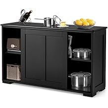 Server Console Table with Sliding Door, 3-Postion Shelf, Classic Buffet Cabinet for Dining, Living Room, Hallway Kitchen Sideboard, Brown Black