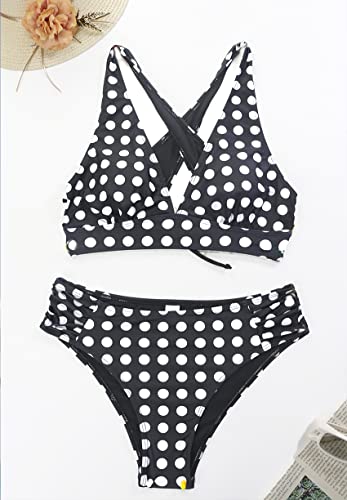 Stroje kąpielowe damskie z dekoltem w szpic trójkąt top push-up wyściełany pasek boczny średni dół bikini zestaw plażowy dwuczęściowy, Czarne kropki, M