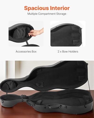 VEVOR 4/4 Full Size Cello Case, Composite Carbon Fiber, Anti-Scratch, Professional Cello-Shape, Lightweight Portable Travel Carrying Bag, with Plush Lining, Dual Shoulder Straps, for Cello, Black - Thumbnail 3